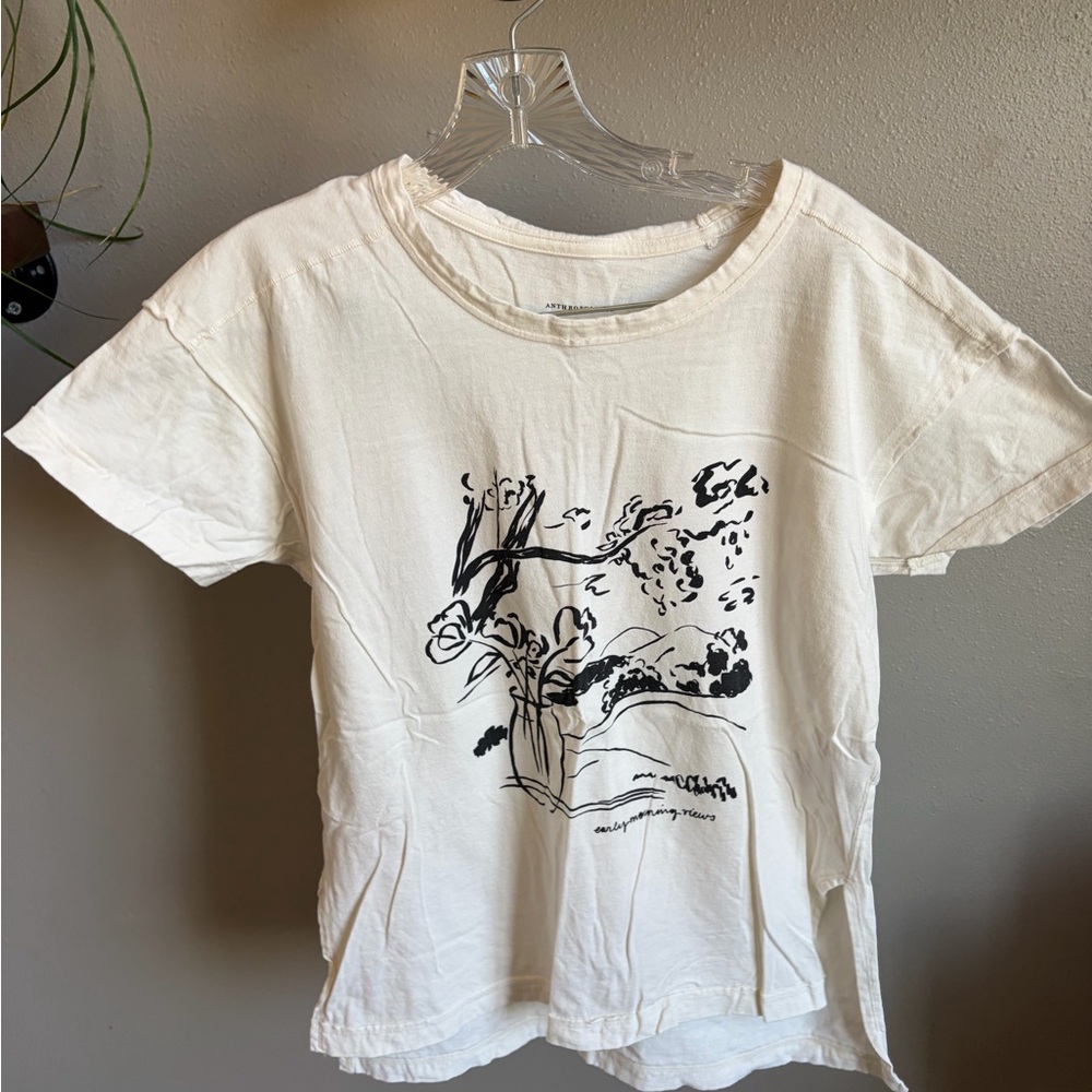 Anthropologie White Short Sleeve Graphic Tee with Black Floral Print